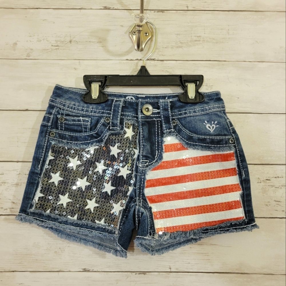 JUSTICE USA Flag Sequin Cut Off Style Denim Shorts Size 10S‎ Slim